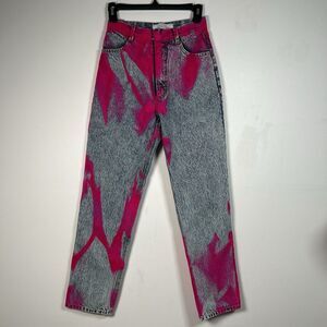 KSENIA SCHNAIDER Denim Straight High-Rise Blue Acid Wash Jeans Pink Velour Sz 26